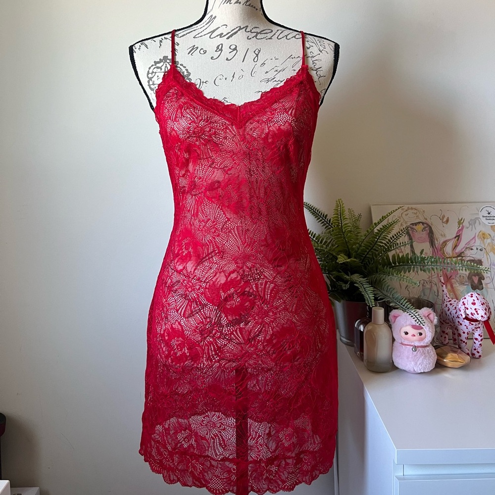victoria’s secret red lace slip dress lingerie with crisscross back size: m